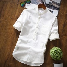 hommes LIN ET COTON CHEMISE 3/4 manche Respirable d'été décontracté slim fit