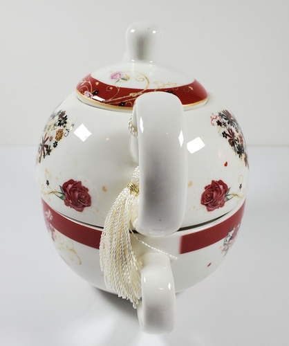 Tea for One Summer River Floral Heart Teapot Decorative Tassel Red Ribbon Trim - Picture 2 of 8