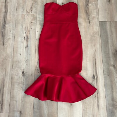 Express Womens Red Scuba Ruffle Hem Stretch Strapless Midi Mermaid Dress  Size