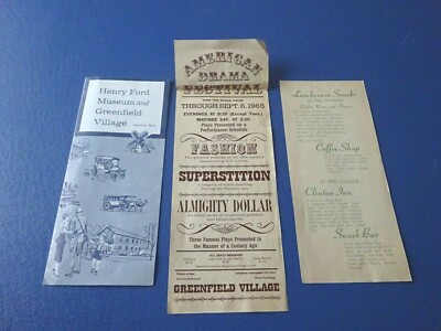 3 Different 1965 Greenfield Village Flyers, Brochure, Dearborn mi