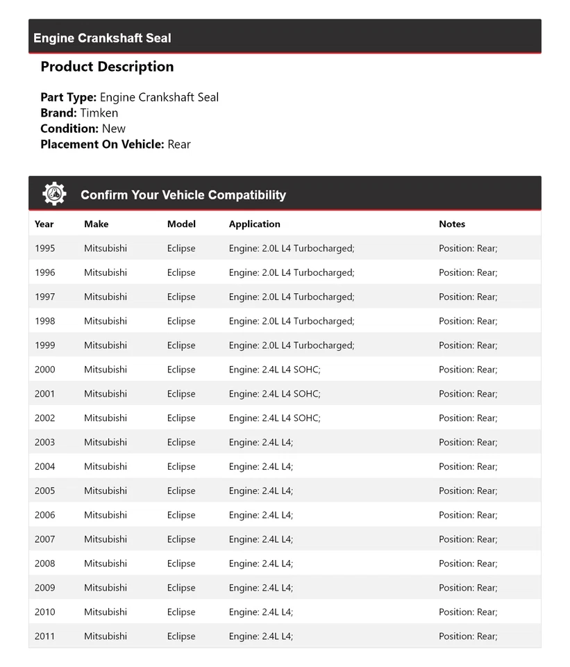 Уплотнение коленчатого вала заднего двигателя Mitsubishi Eclipse 1995-2011 годов выпуска Timken 1996 1997 - Изображение 2 из 4