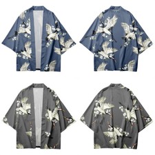 Men Crane Print Yukata Kimono Haori Happi Coat Shirt Robe Loose Oriental