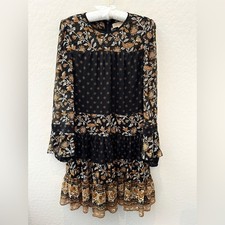 MICHAEL KORS | Bohemian Black & Gold Metallic Floral Long Sleeve Dress | Small
