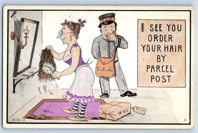 1914 Humor Woman Wigs Man I See You Order Your Hair By Parcel Post Postcard