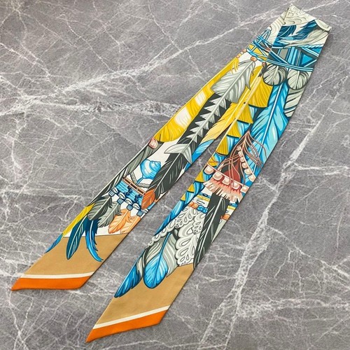 HERMES Twilly Danse Pacifique Silk Scarf Feather Motif Tags Authentic