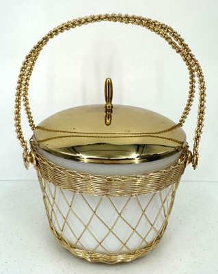 Mid Century Gold Tone Wire Basket Milk Glass Ice Bucket Lid Hollywood Regency