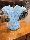 Vintage Fenton Blue OPALESCENT Coin Dot 8" Tall Vase with Ruffle Edge Large