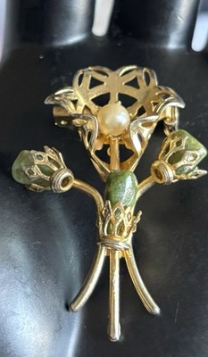 VTG Jade Filigree Flower Brooch Goldtone Pearl Calia Lily Tulip Untested Metal