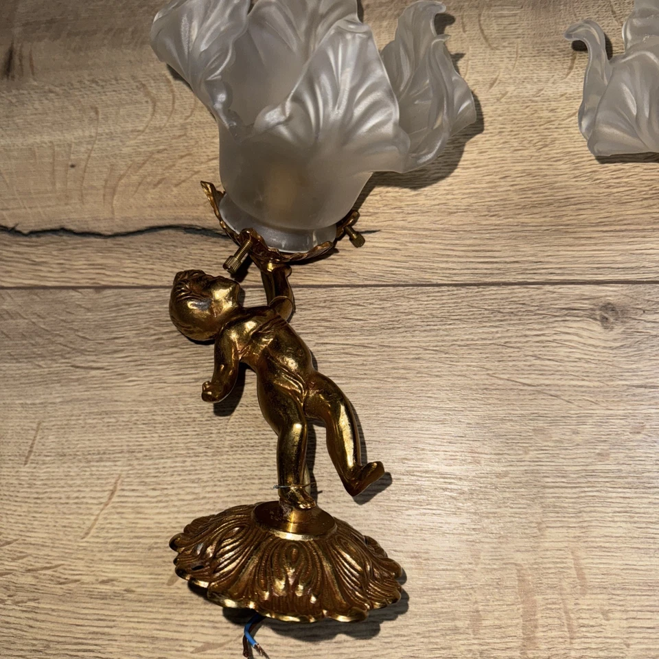 Paire D ´APPLIQUE BRONZE CHERUBIN ANGELOT AVEC TULIPE BLANCHE - Photo 3/4