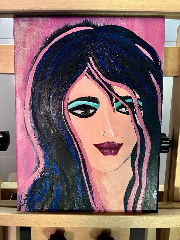 Acrylic Painting Original Girl with Green Eyeshadow 9x12in Canvas Hang-Ready Art