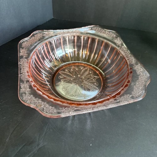 Vintage Pink Depression Glass Jeannette “Adam” Square Circle 9” Dish