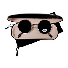 Round Sunglasses W/ Silver Frame And Black Polycarbonate Lenses. Includes Case.