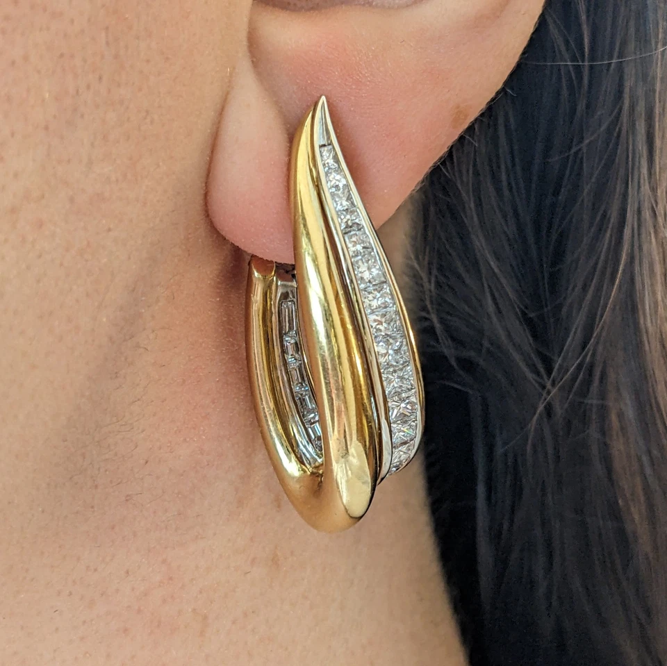 Princess and Baguette Diamond Hoop Earrings in 18k White/Yellow Gold - HM2738AI