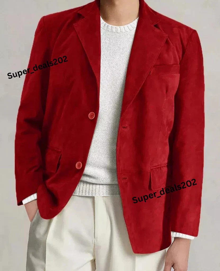 Men Suede Lambskin Leather Blazer Red Formal Wedding Stylish Handmade Jacket Fit