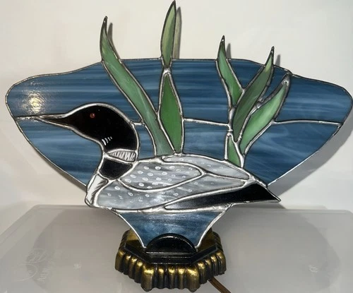 Vintage Stained Glass LOON TABLE LAMP Night Light Fan Panel Loon Slag