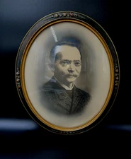 Antique Oval Wooden Decorated Framed Convex Beveled Glass of Gentleman picture