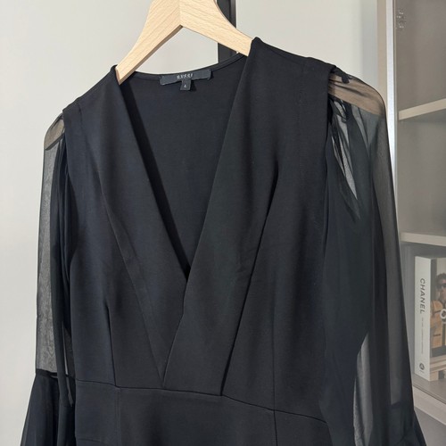 Gucci Cocktailkleid schwarz Jersey Strick transparent Chiffon Langarm L Rüschen V-Ausschnitt - Bild 2 von 6