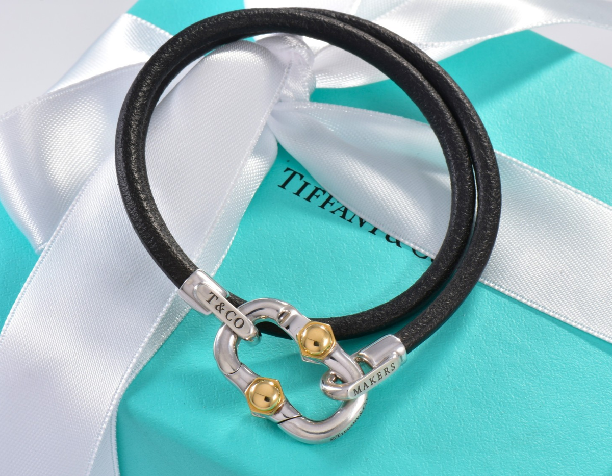 Tiffany & Co 18K Yellow Gold Silver Makers Leather Wrap Bracelet