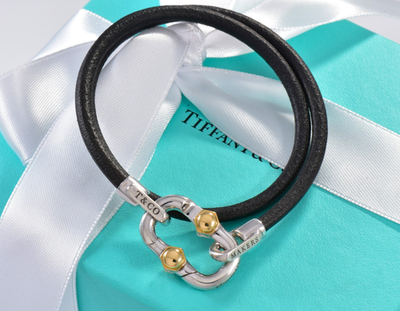 Tiffany & Co 18K Yellow Gold Silver Makers Leather Wrap Bracelet