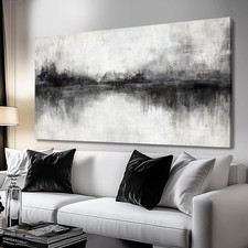 Large Black and White Abstract Wall Art - Framed Vintage Decor 24"x48