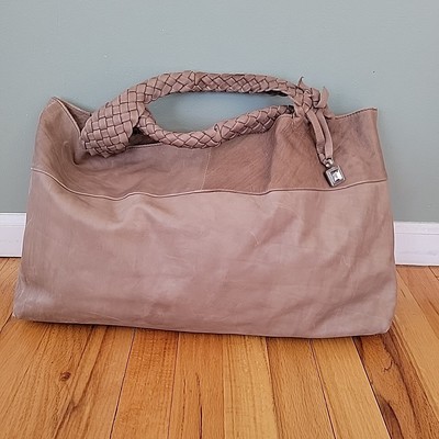 FALOR Taupe Woven Handle Leather Tote Satchel Handbag Made in Italy  Large