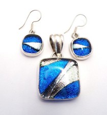 Taxco Mexico 925 Sterling Silver Genuine Dichroic Glass Pendant and Earrings Set