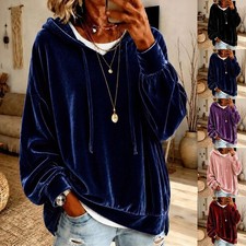 Womens Solid Color Velvet Hoodie Long Sleeve Casual Loose Fit Sweatshirt