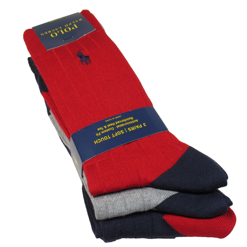 Polo Ralph Lauren Men's Ribbed Rayon Dress Socks 3 Pairs Red Navy Gry