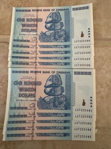 🤫⬆️📈 LOT OF 10 - AUTHENTIC ZIMBABWE 100 TRILLION DOLLAR CURRENCY, AA2008, UNC
