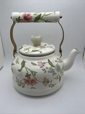 Vintage Enamel Tea Kettle 2.6 Qt Green Floral Stovetop Teapot Porcelain Handle