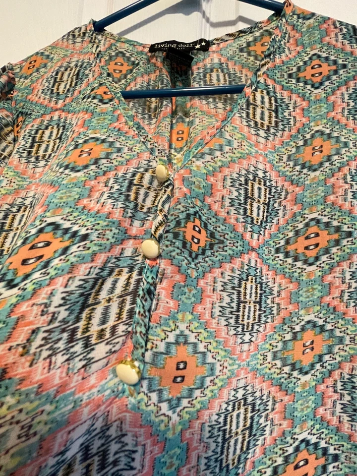 LIVING DOLL Top Camisa Blusa L 12 Busto 38 Largo 26 Blanco/Multi Botón Geométrico Foto 2 de 3