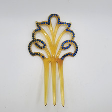 VICTORIAN HAIR COMB BLUE RHINESTONES LARGE EDWARDIAN CELLULOID HAIR FORK