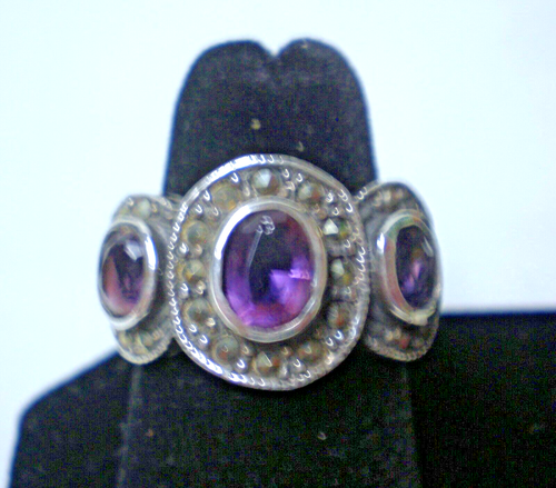 Vintage Marcasite and Amethyst 925 Sterling Silver Ring - Sz. 6 Beauty! (791n) - Picture 2 of 6