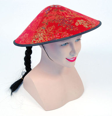 Roter chinesischer Coolie Hut mit Zopf Neujahr Kostüm orientalisch Porzellan Kegel