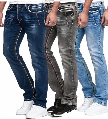iProfash HERREN  JEANS  HOSE SCHWARZ BLAU WEISS GRAU ROT GRÜN DICKE NAHT 2