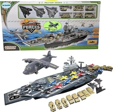 Toy Aircraft Carrier Cargo Plane 18 Warplane Fighter Jets and 6 Extra Vehicles