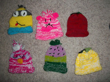 LOT OF 6: BABY GIRLS HAND KNIT SILLY ANIMAL  HATS... NEW    FITS NB-18 MO