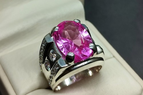 Ovalschliff 18 Karat Rosa Topas Sterlingsilber 925 Handarbeit Kanal Set Herren Ring - Bild 4 von 12