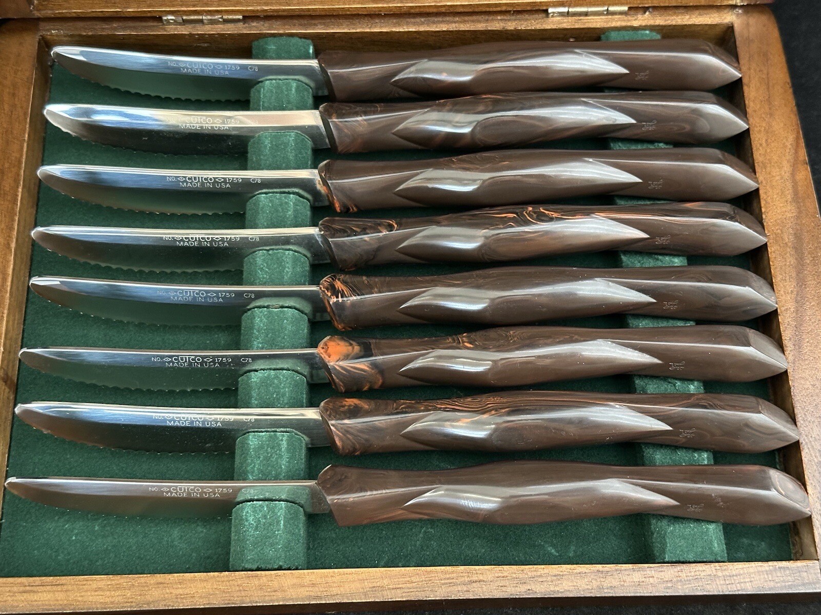 Vintage CUTCO 1759 8pc Brown Orange Handle Steak Knife Set w Wood Box