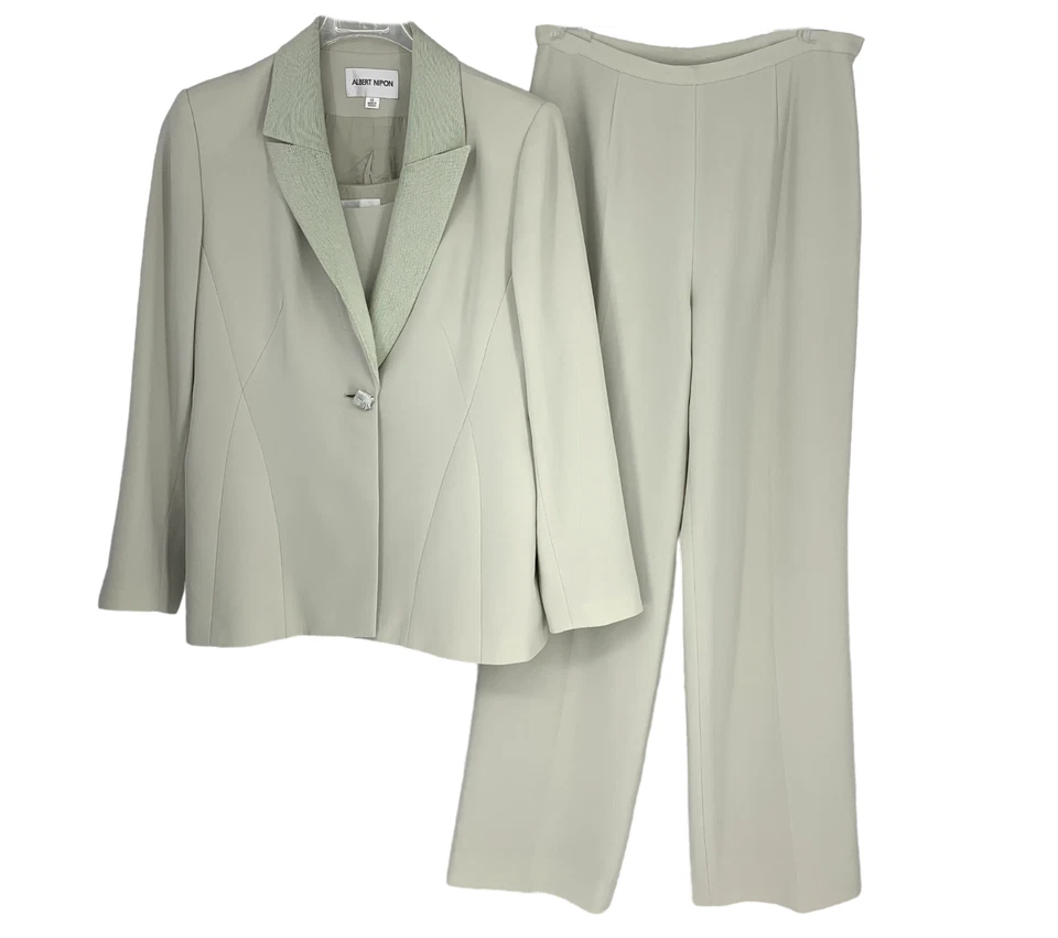 Vintage 1980's Albert Nipon Sz 12 Sage Green 3 Pc Jacket Shell Pants Suit Set - Image 2 of 4