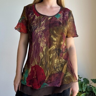 Elegant Women's Large Burgundy & Brown Floral Layered Short Sleeve Top