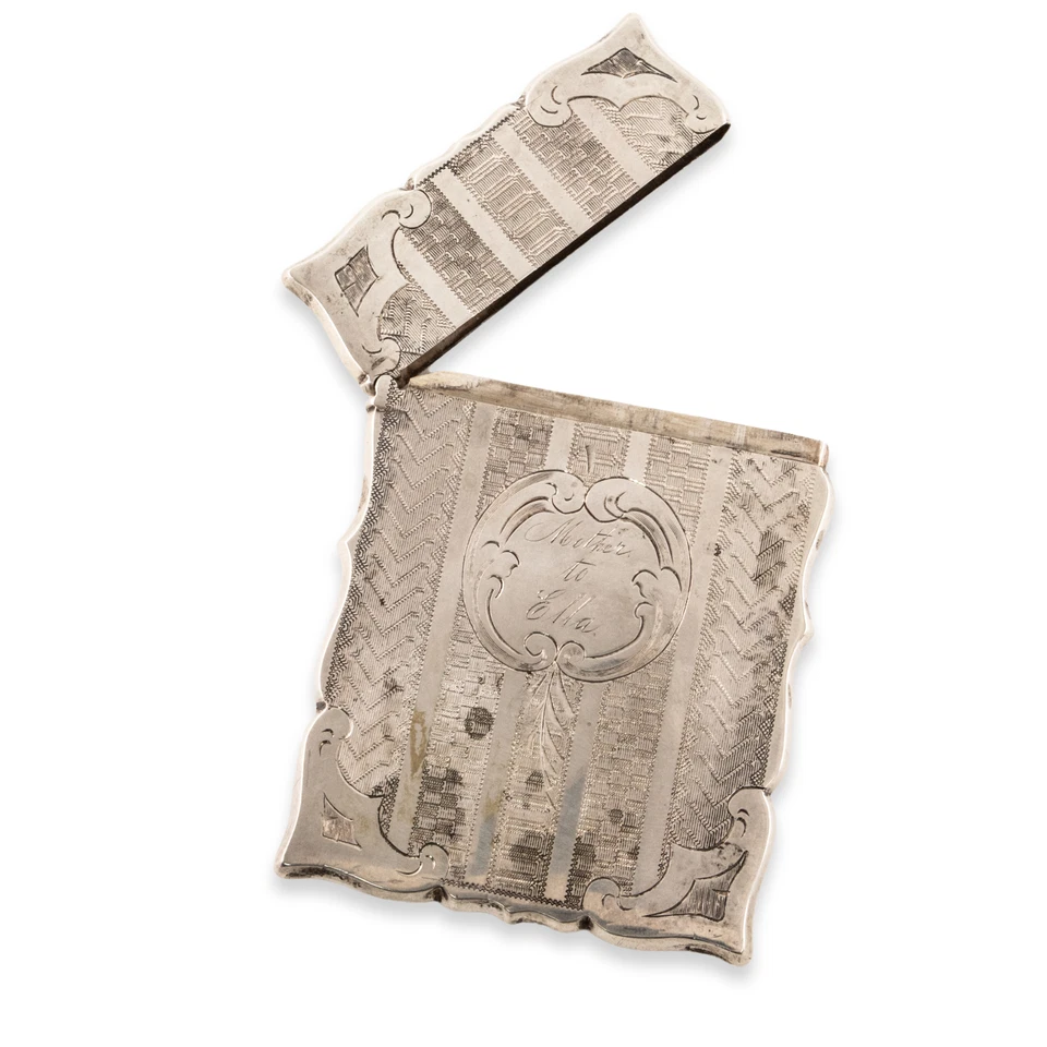 AMERICAN ART DECO COIN SILVER CARD CASE ENGINE TURNED MONOGRAM MOTHER TO ELLA - Image 2 of 4