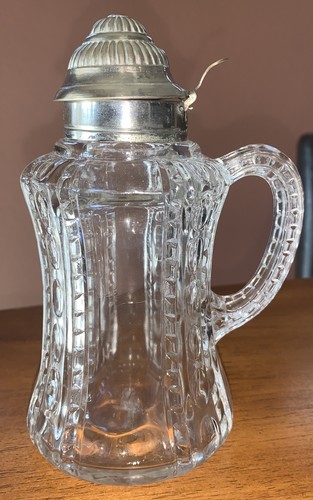Antique Press Cut Crystal Glass Syrup Pitcher Very Ornate W/Silver Plate Top - 第 10/20 張圖片
