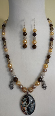 Hand beaded necklace,  Owls, Matching Earrings, Brown, gold & Cream, Take Flight