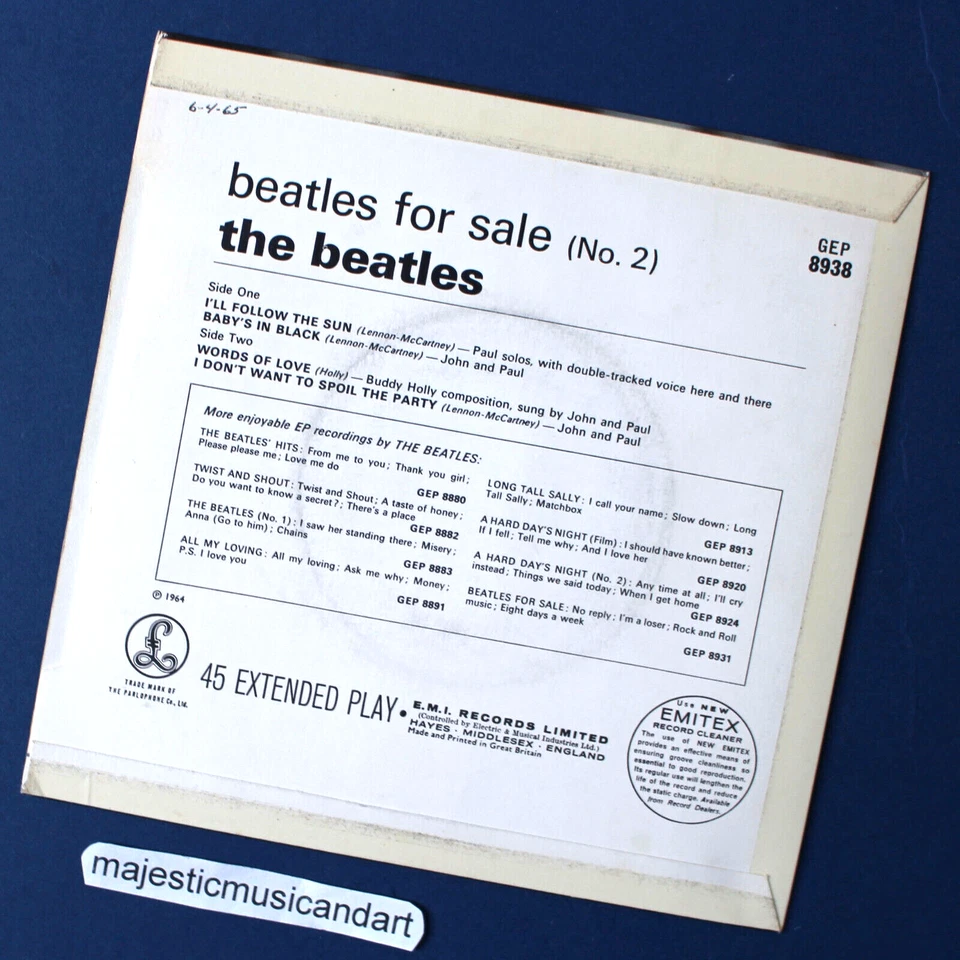 ORIGINAL 1965 UK MONO THE BEATLES FOLLOW THE SUN EP 7" VINYL BABY'S IN BLACK - Image 4 of 4