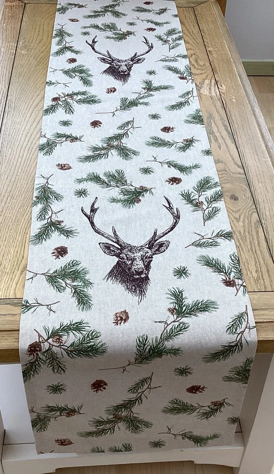 Xmas Country game animals winter green foliage Wallace stag, linen table runners - Image 3 of 4
