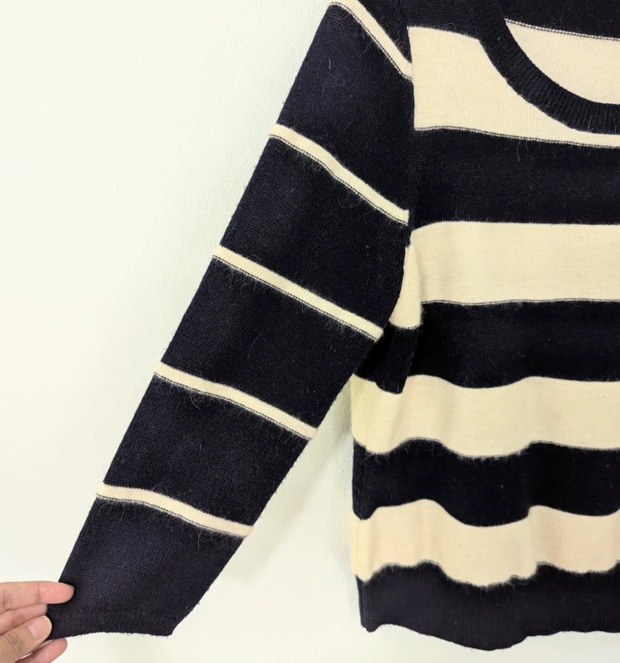 粉红色格纹圆领纽扣条纹毛衣羊毛安哥拉米色蓝色 L 码 — 第 4/4 张图片