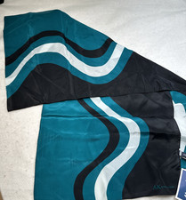 Vtg NWT Anne Klein Silk Scarf Turquoise White Black Modern Wave Design