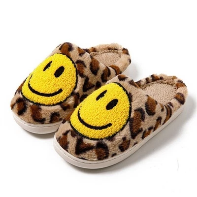 MARKENLOS Damen Smiley Hausschuhe Schlappen Plüsch Pantoffeln Smile Face Gesicht Slipper