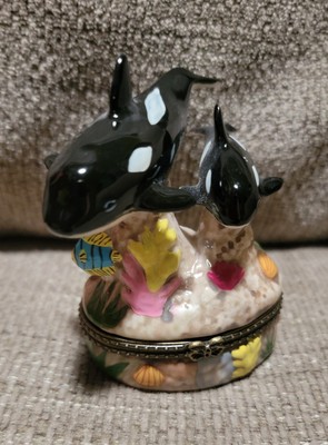 Orca & Baby Orca Whale Ceramic Hinge Trinket Box Fish Loose Inside Jewelry 